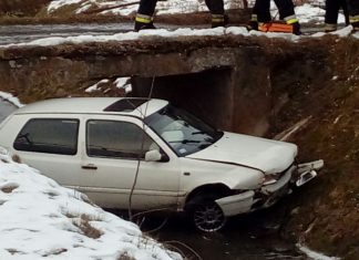 Niebezpiecznie na drogach. W Wieprzu samochód wpadł do przydrożnego potoku. FOTO!